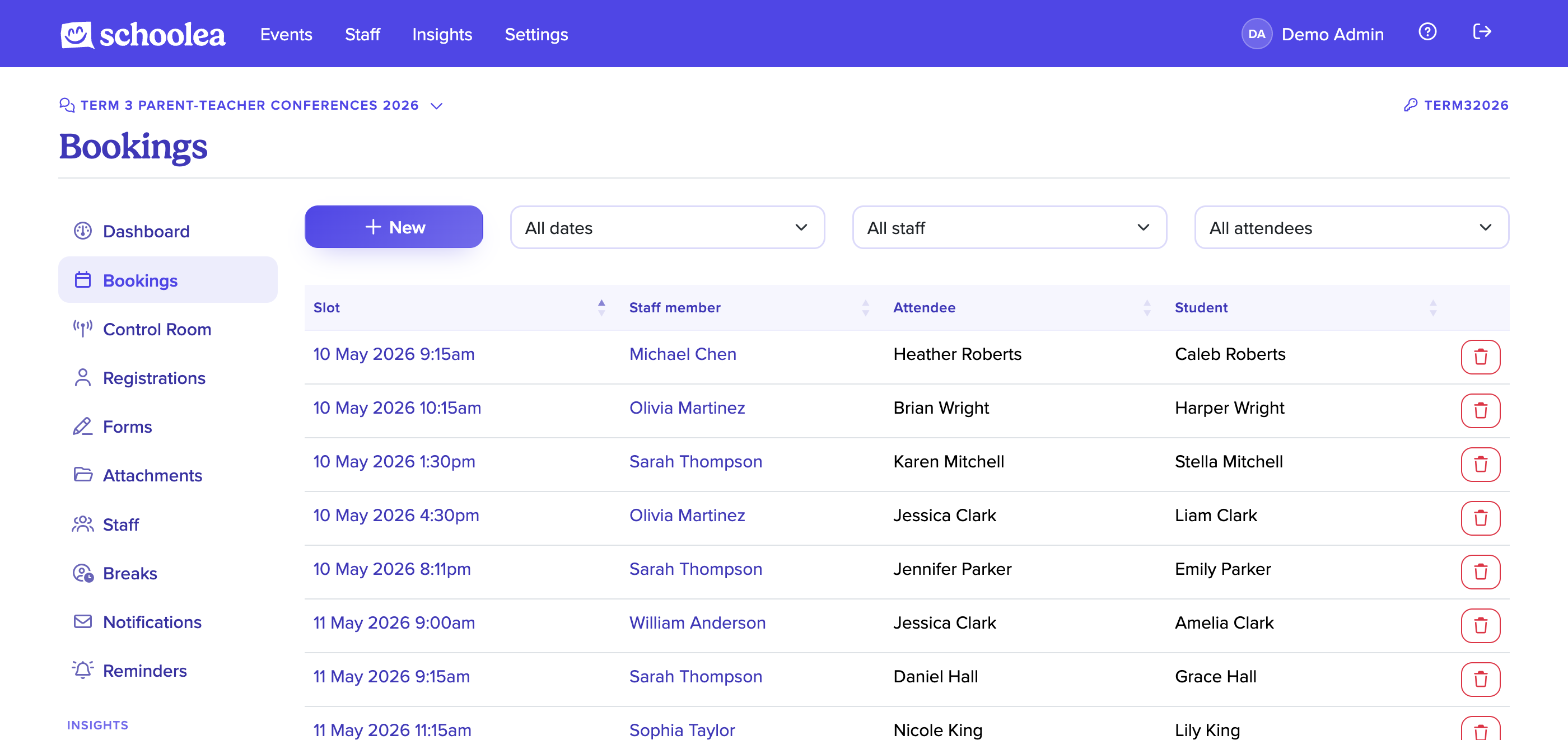 Bookings table showing scheduled appointments by time, staff and family