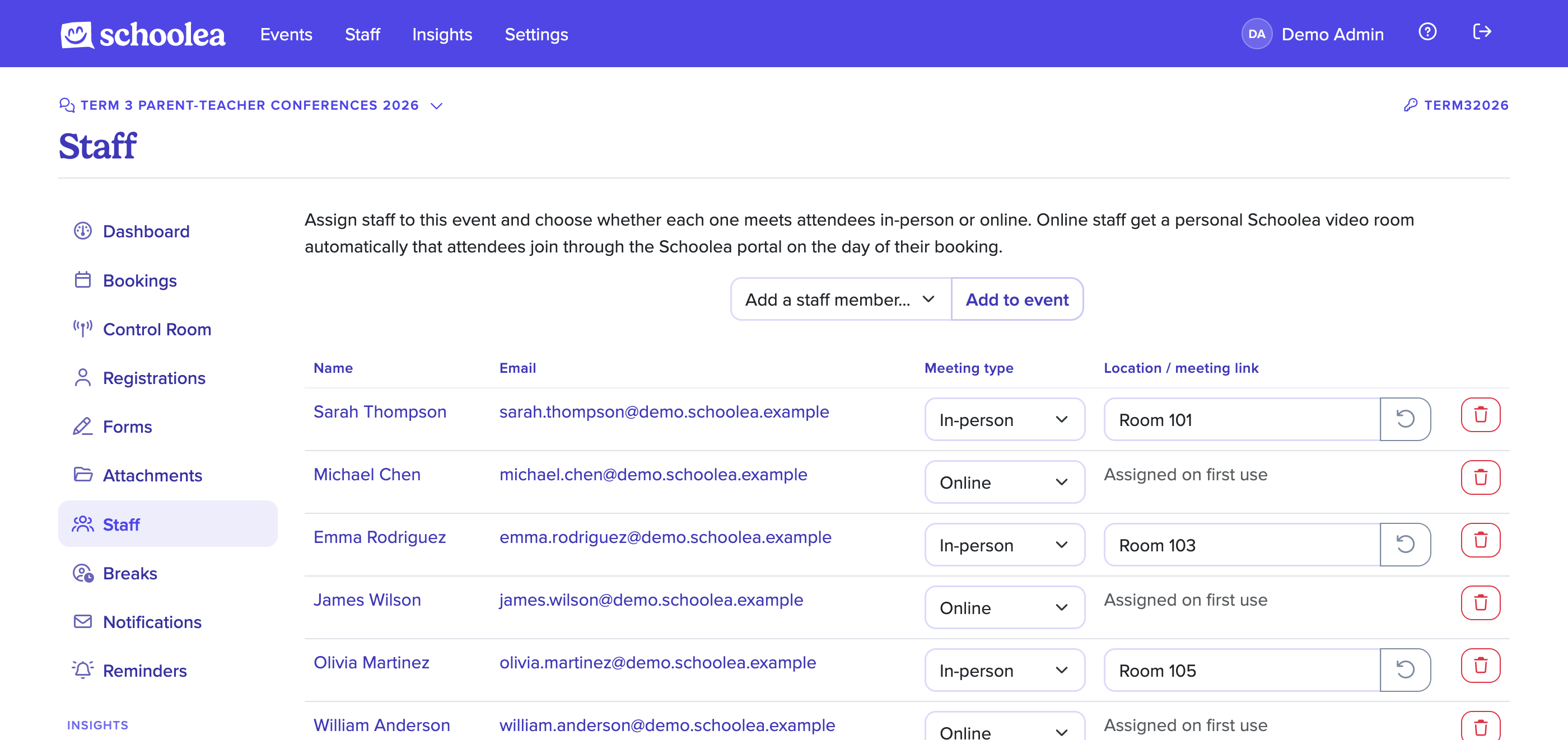 Staff list for a conference event with a mix of in-person and online meeting types