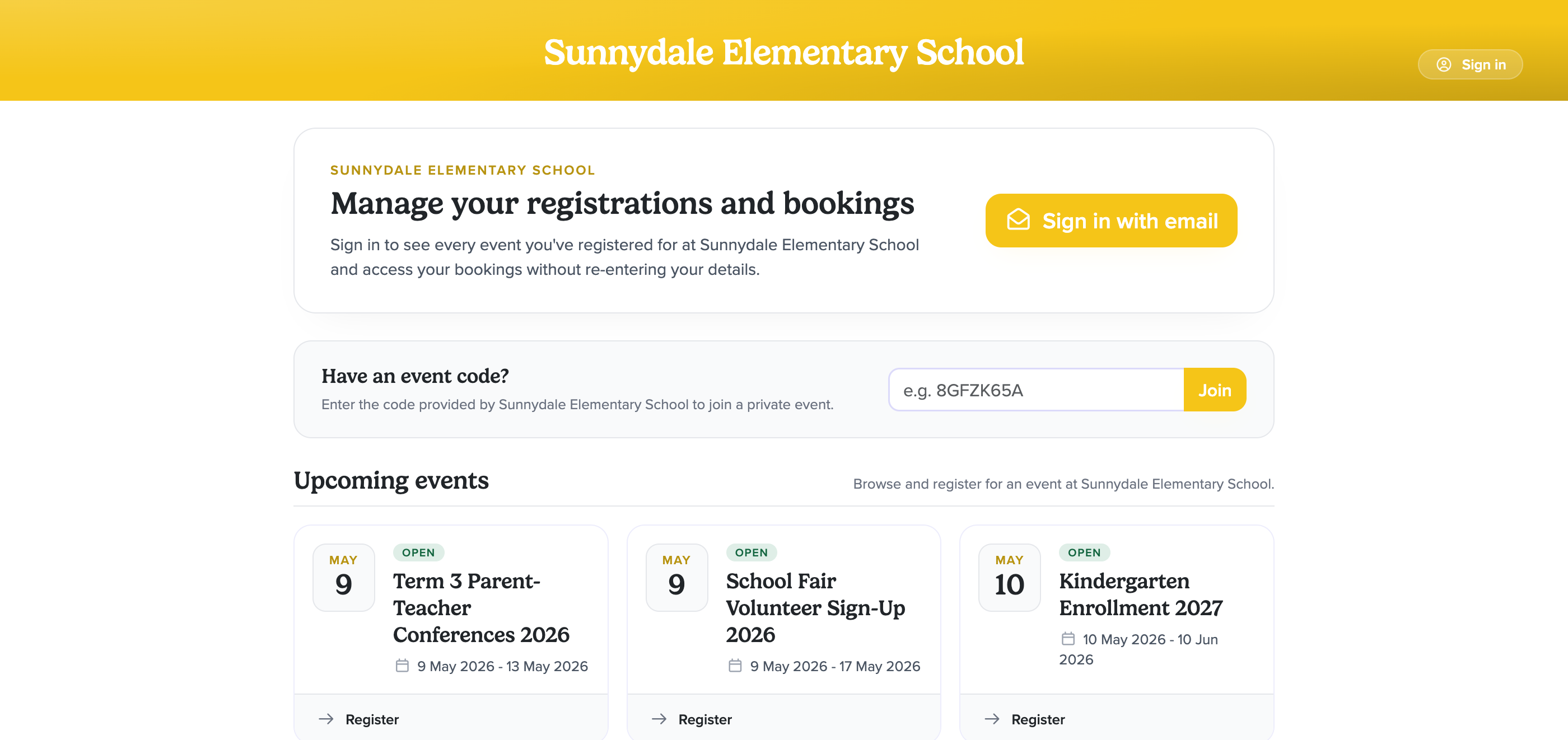 Parent-facing event portal listing upcoming bookings and registrations
